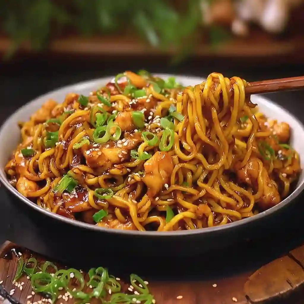 close-up of hands mixing chicken and noodles in a shiny sticky garlic sauce in a wok, vibrant colors