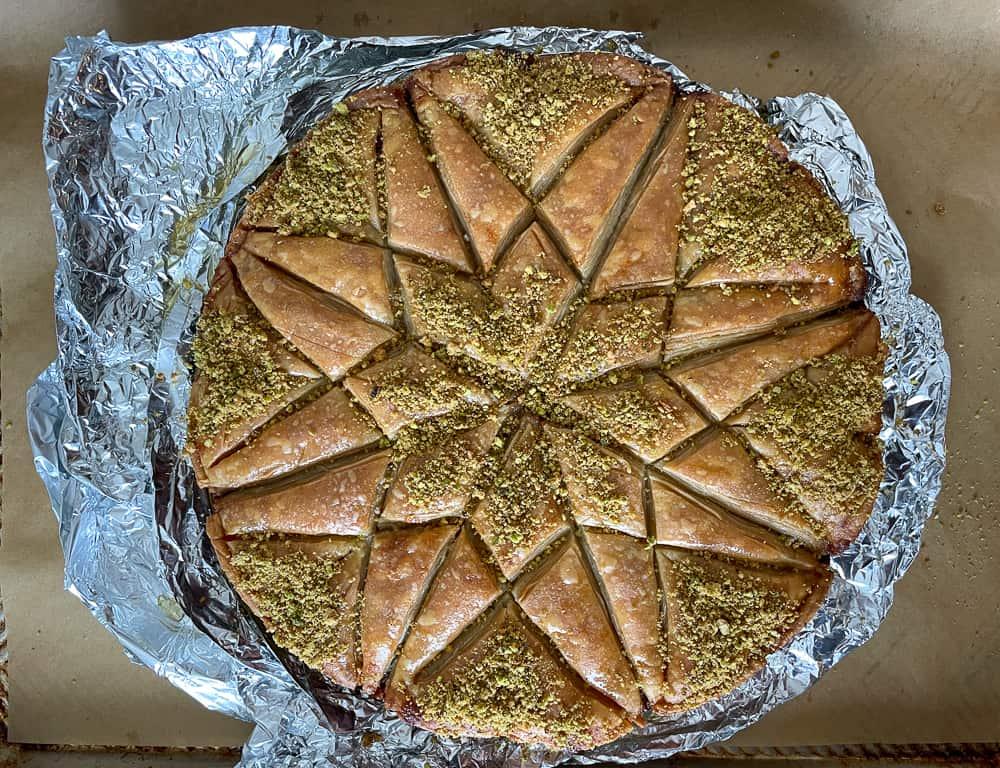 Overhead shot of a baking sheet filled with kimchi sesame baklava bombs