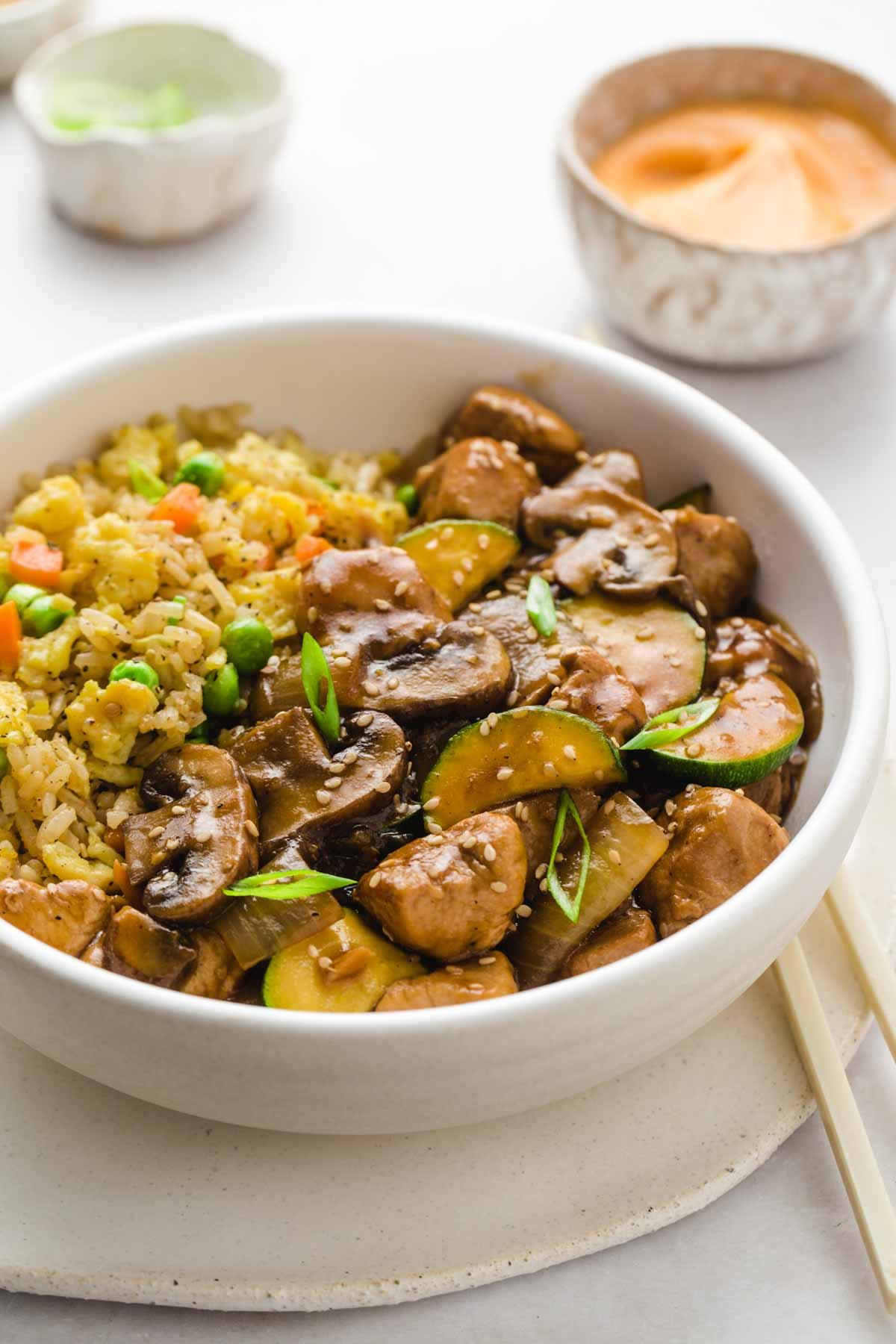 close up of finished instant pot zucchini chicken and rice