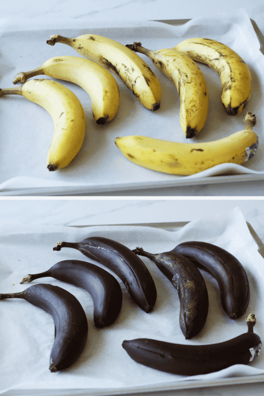 Ripe bananas with brown spots on a kitchen counter, ready for baking