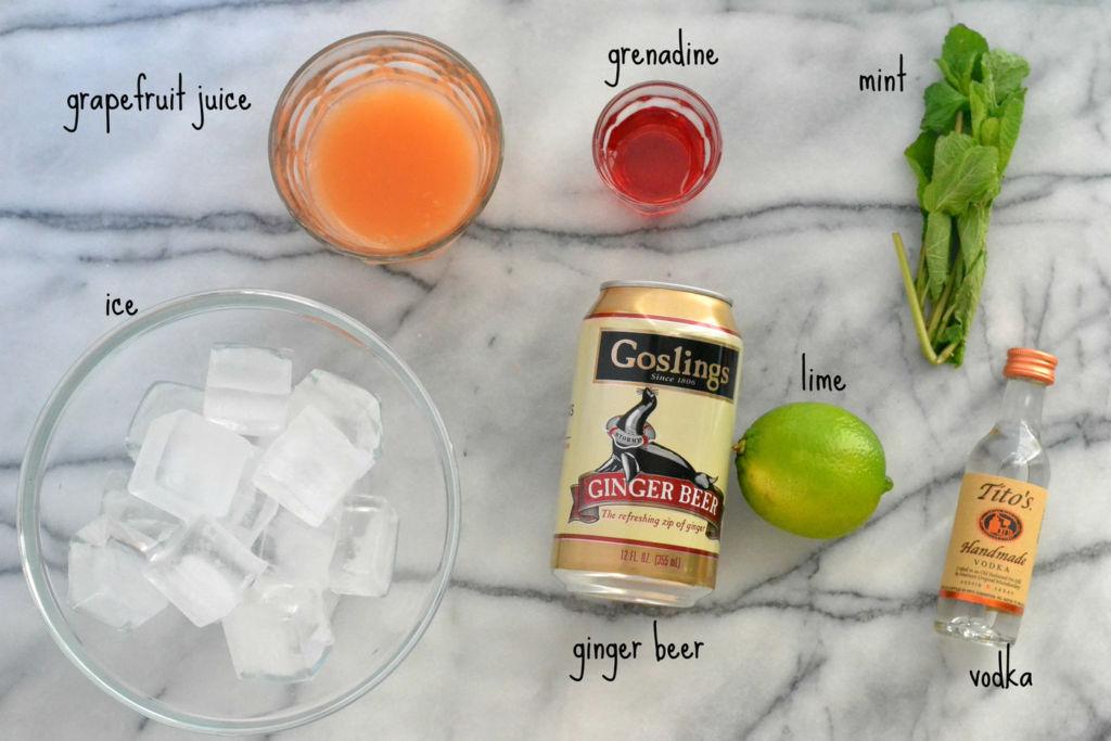 overhead shot of ingredients for Grapefruit Moscow Mule: vodka, grapefruit juice, ginger beer, lime, and mint