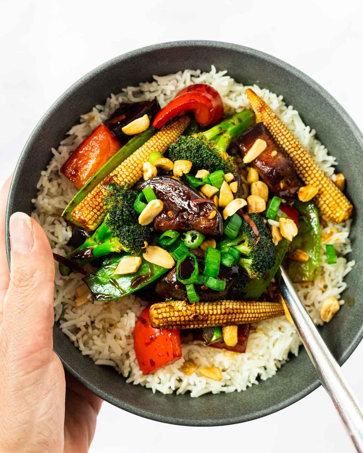 A bowl of Kung Pao vegetable stir-fry served with rice