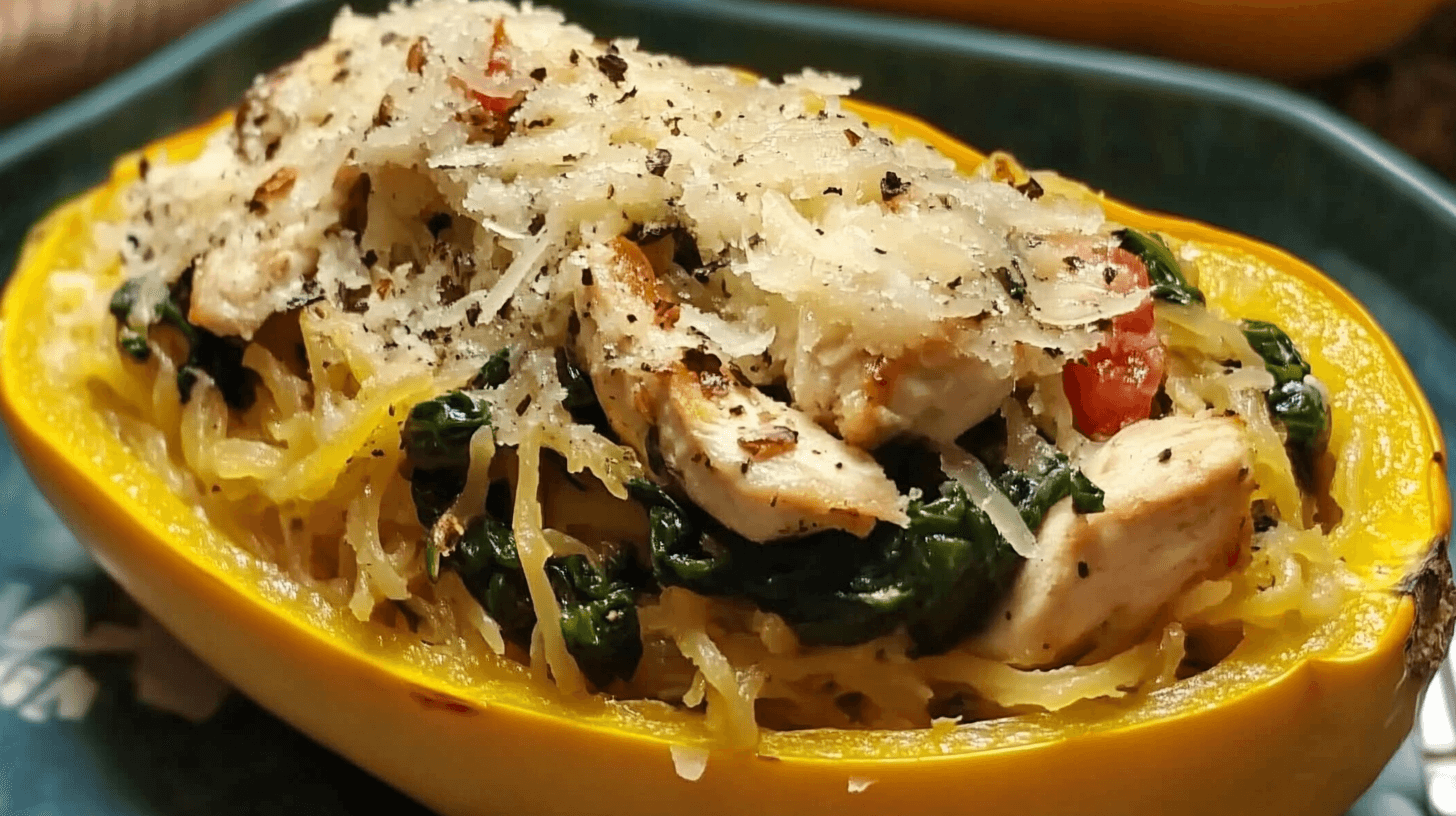 Spaghetti squash and spinach stuffed chicken breast plated and garnished
