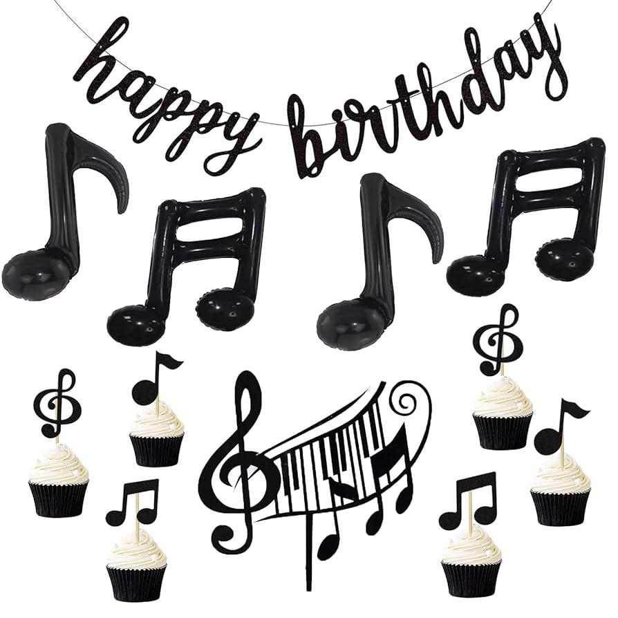 musical note birthday cupcakes decorated with black and white musical notes