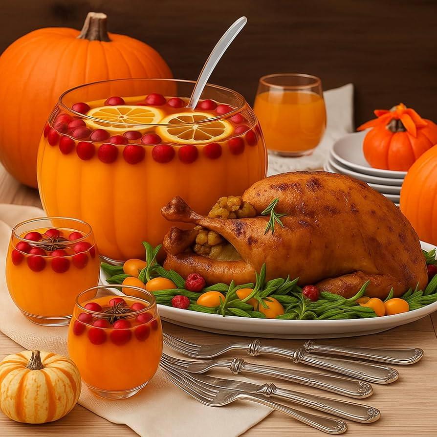 Friendsgiving table with a large punch bowl filled with apple spice punch, surrounded by autumnal decorations and happy friends