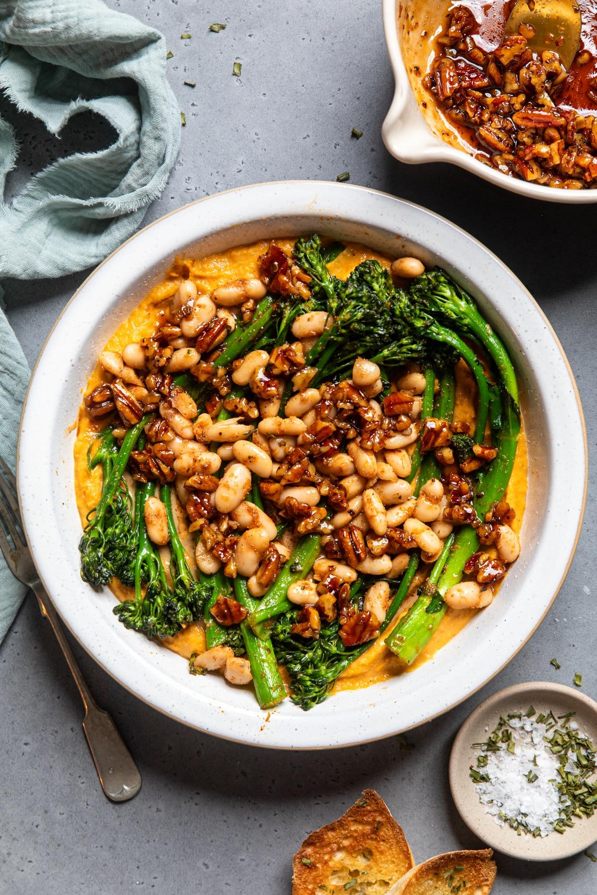 Overhead shot of a creamy smoked paprika and sweet potato miso in a rustic bowl