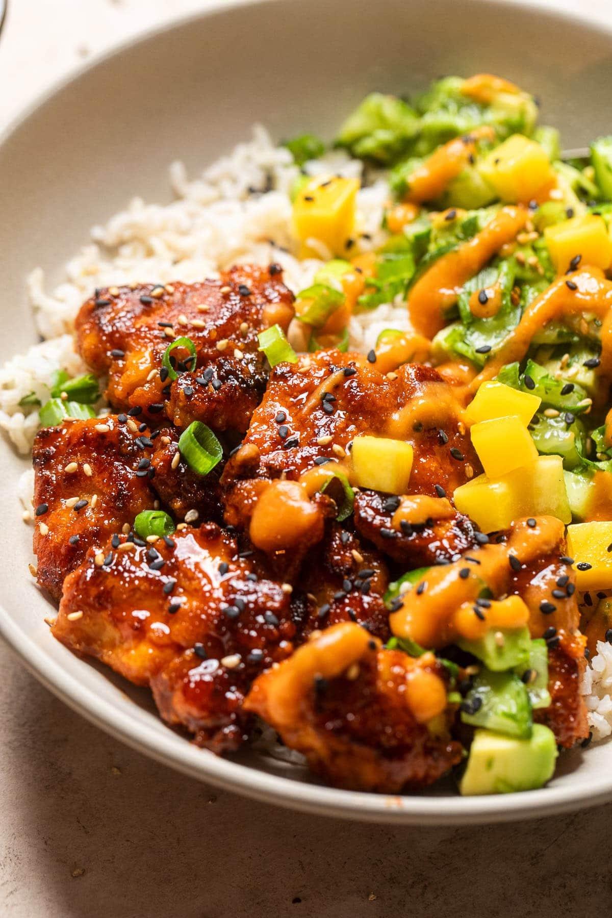 a close-up of a perfectly assembled maple glazed tofu bowl