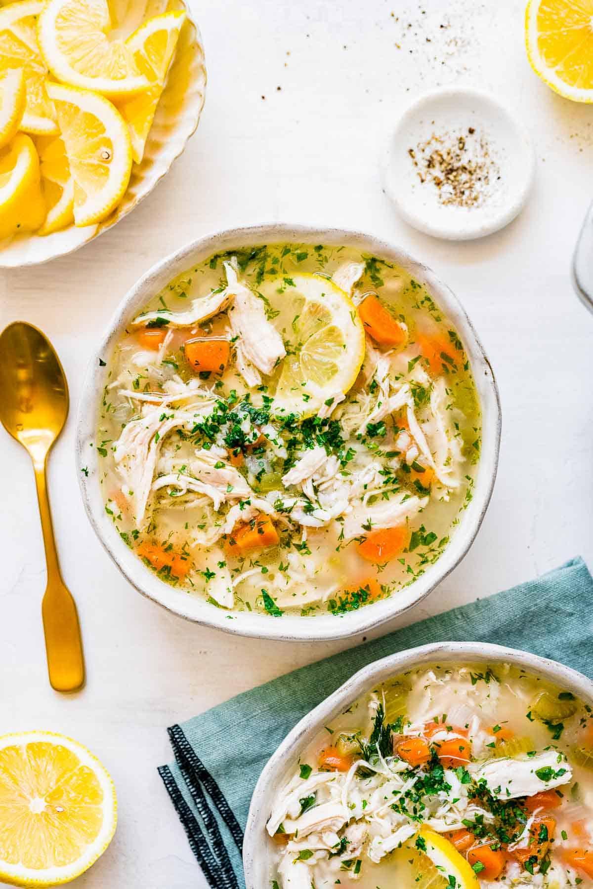 bowl of lemon chicken and rice soup