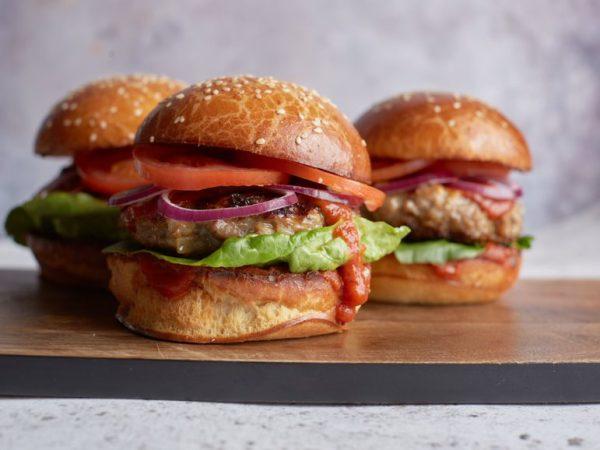 burger with BBQ sauce and maple syrup glaze