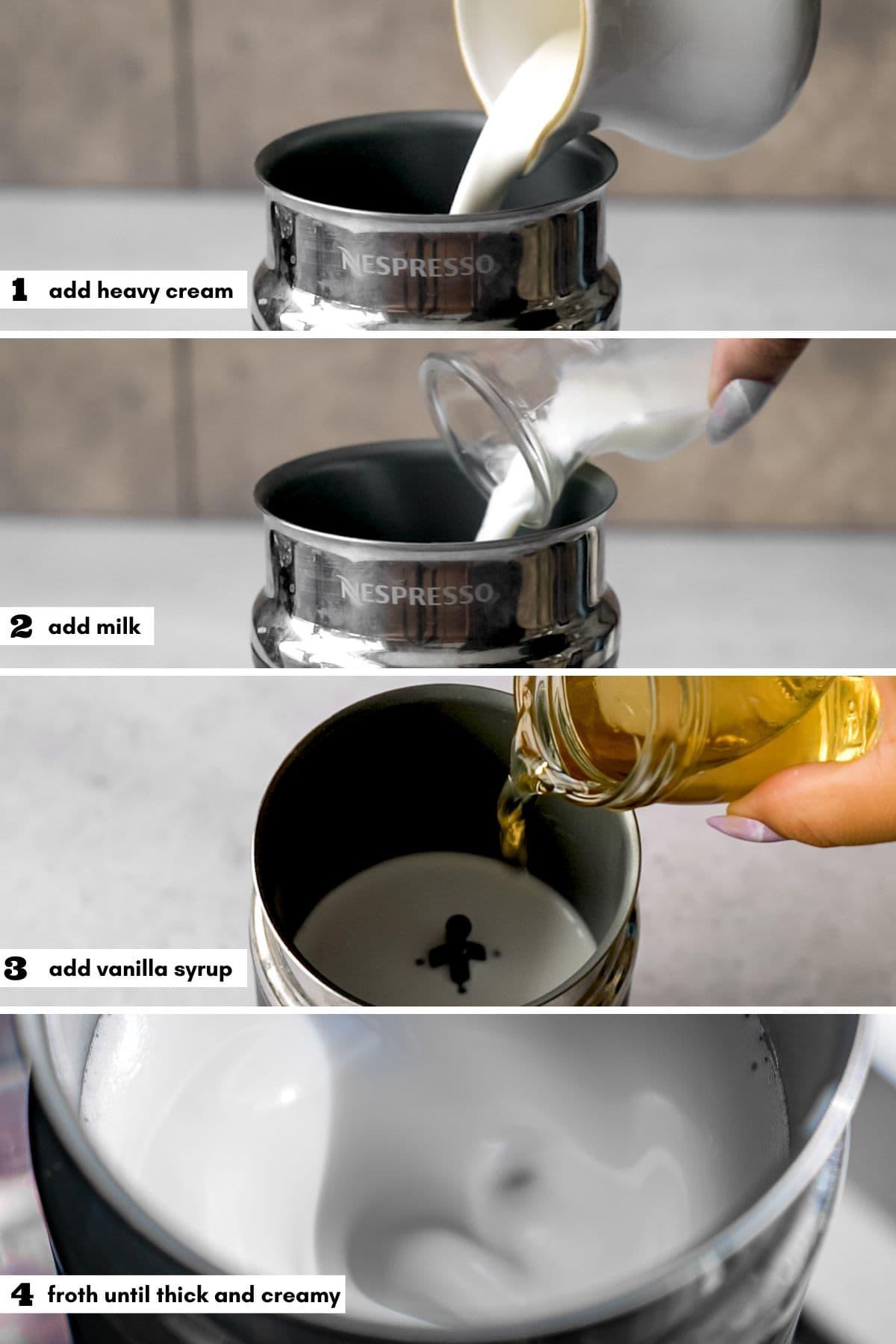 simple ingredients for homemade vanilla sweet cream foam (heavy cream, 2% milk, vanilla syrup) in small containers with a handheld frother