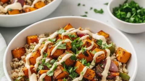 A vibrant, steaming bowl of quinoa with roasted vegetables and a sprinkle of fresh herbs on a rustic wooden table, cozy lighting