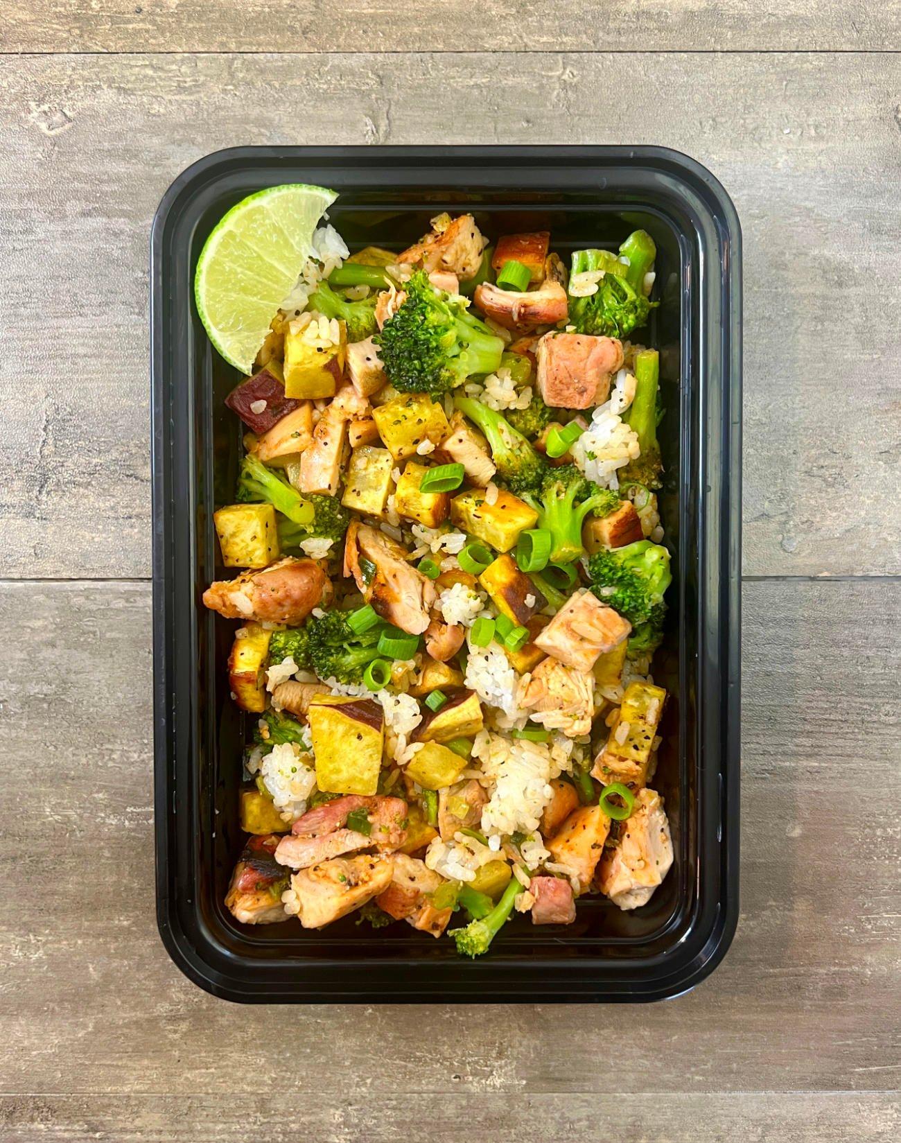 Sriracha lime chicken and rice bowl close up