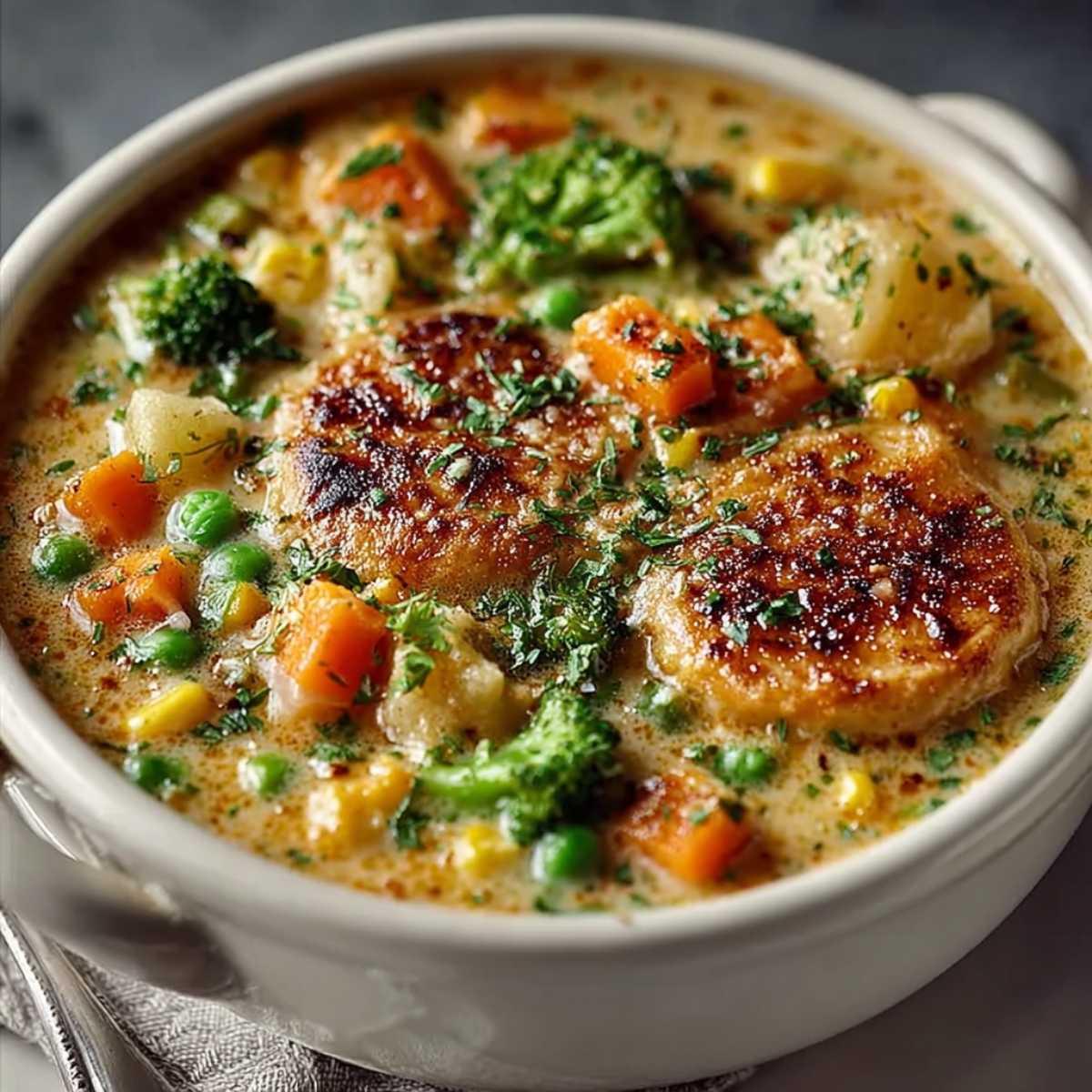 close-up shot of the soup showing the creamy texture and toppings