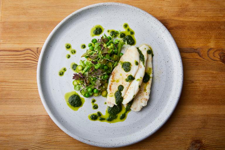 Steamed lemon sole with parsley and butter sauce served on a white plate