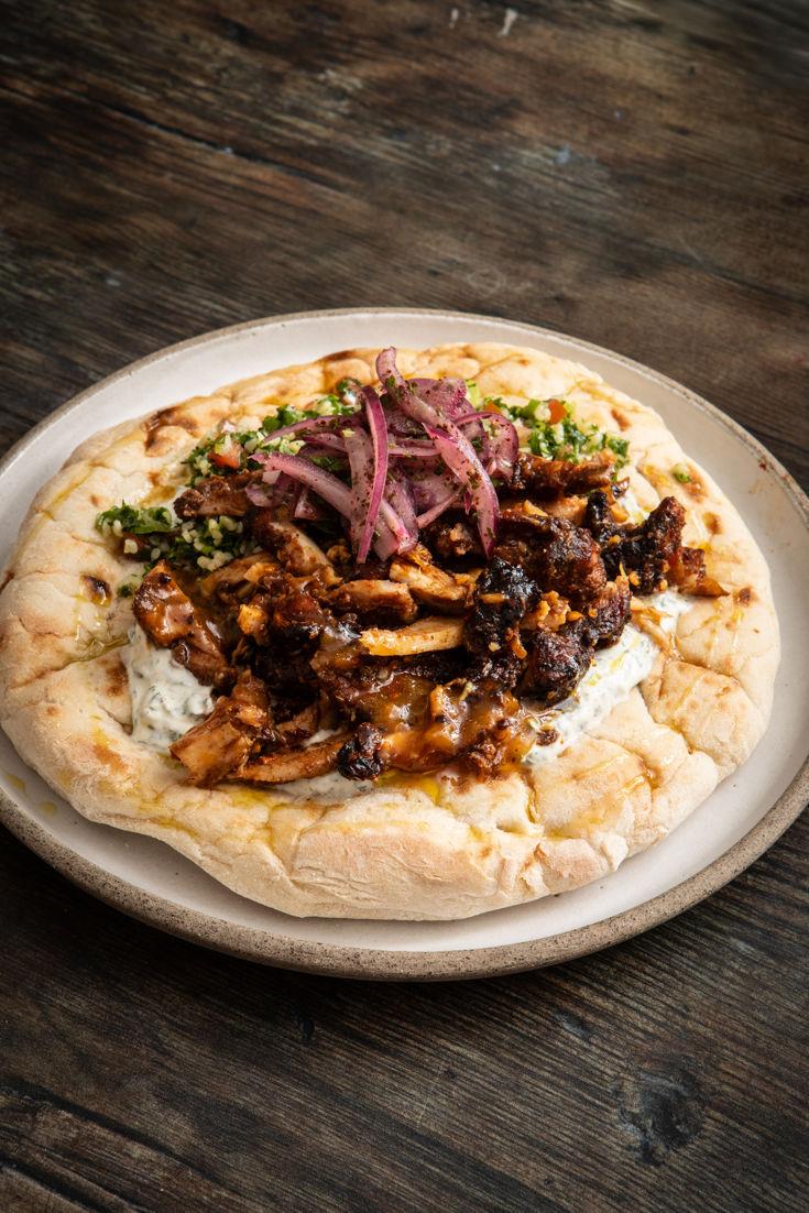 close-up shot of honey chipotle beef shawarma slices