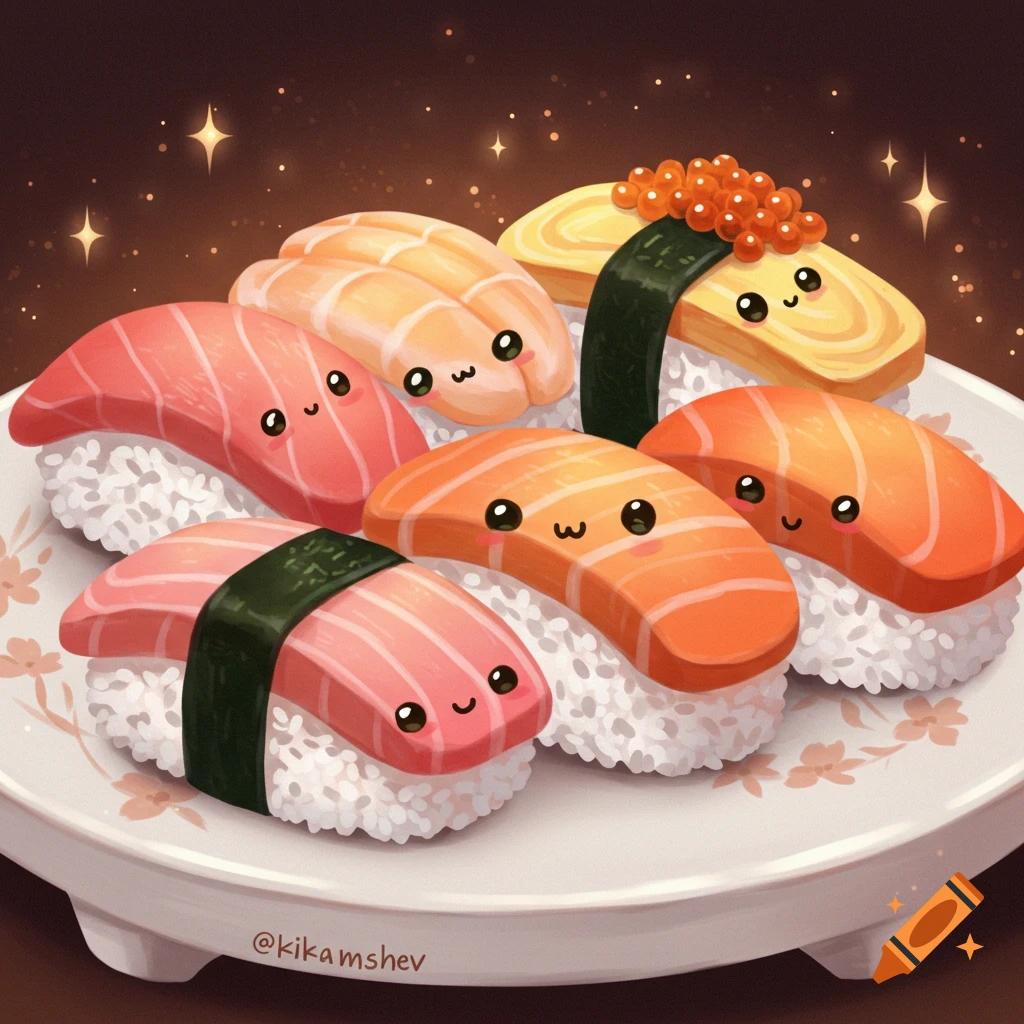 whimsical cartoon illustration of a sushi platter featuring pigeons made from rice