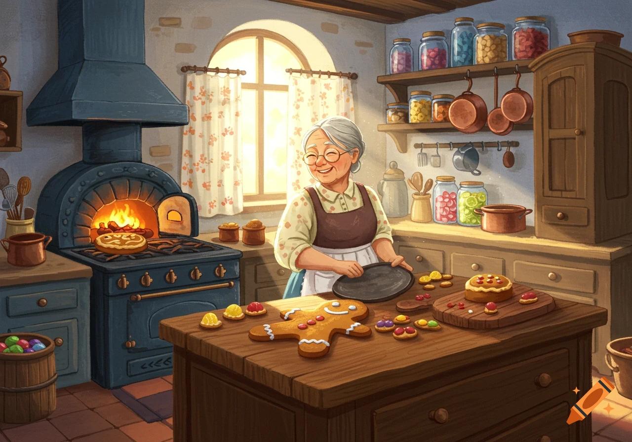 Grandmother and child baking cookies in a cozy kitchen, warm lighting