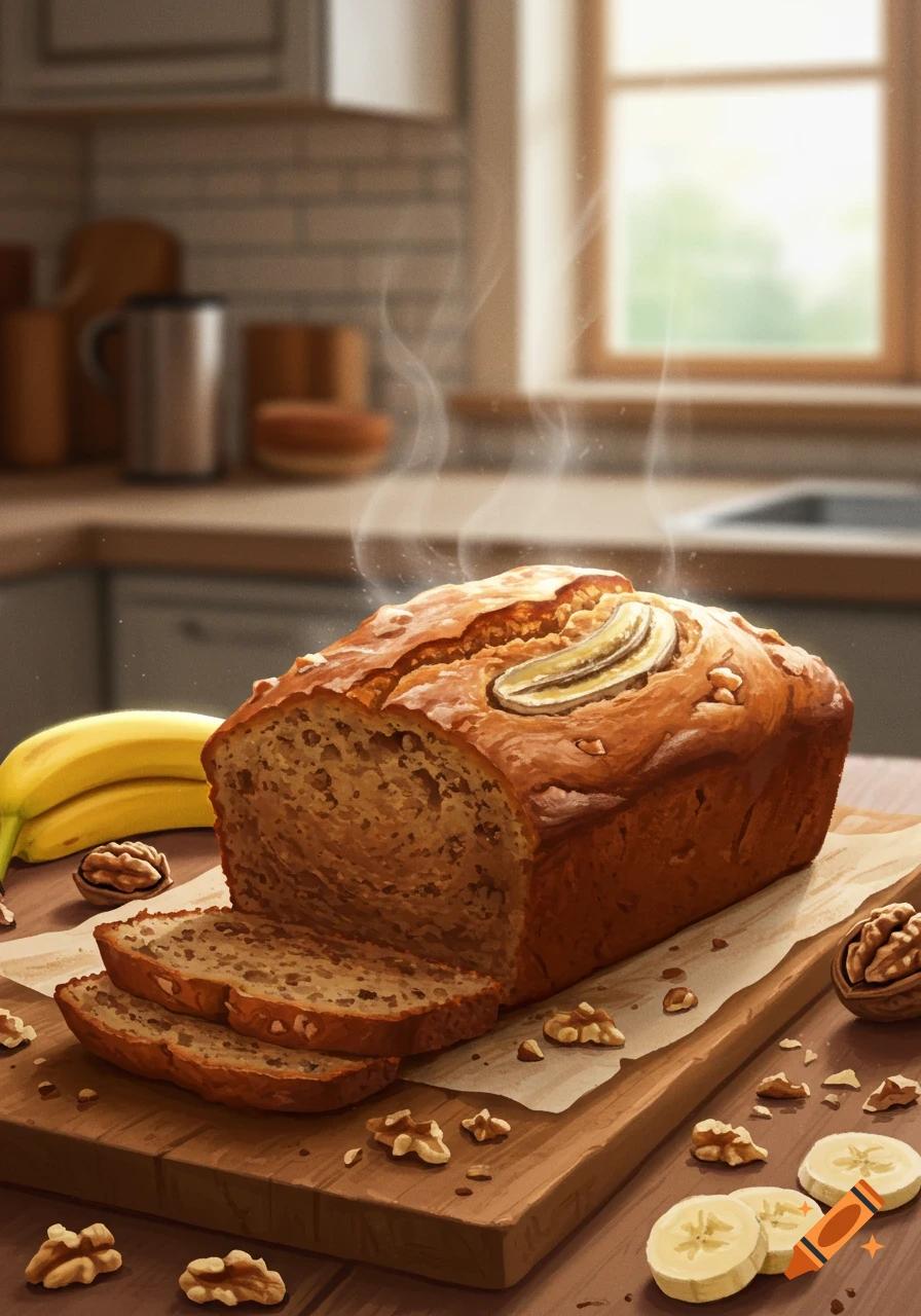 Freshly baked banana spice sugar bread loaf on a wooden cutting board with a slice cut out, steam rising, warm lighting