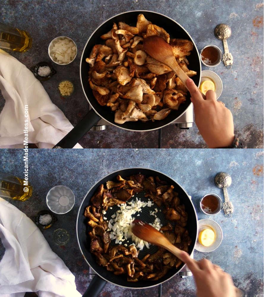 Close-up of mushroom shawarma filling being prepared in a skillet