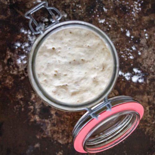 close up shot of a poolish starter fermenting in a glass bowl
