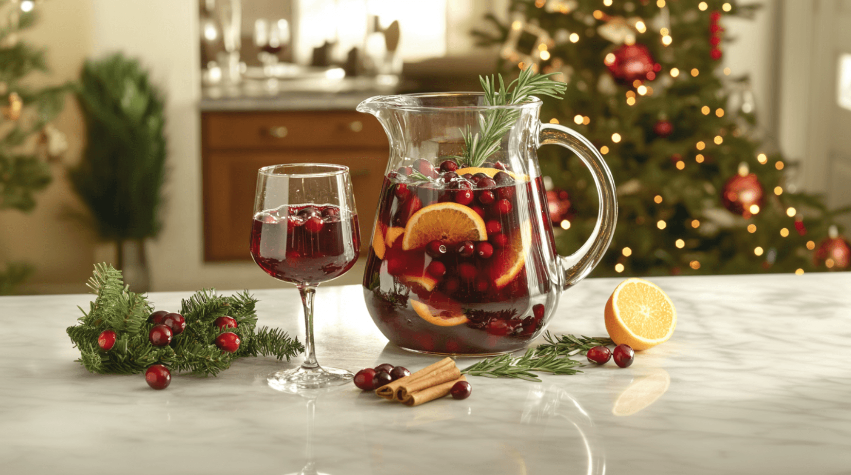 A pitcher of ruby sangria chilling in a festive ice bucket with holiday decorations