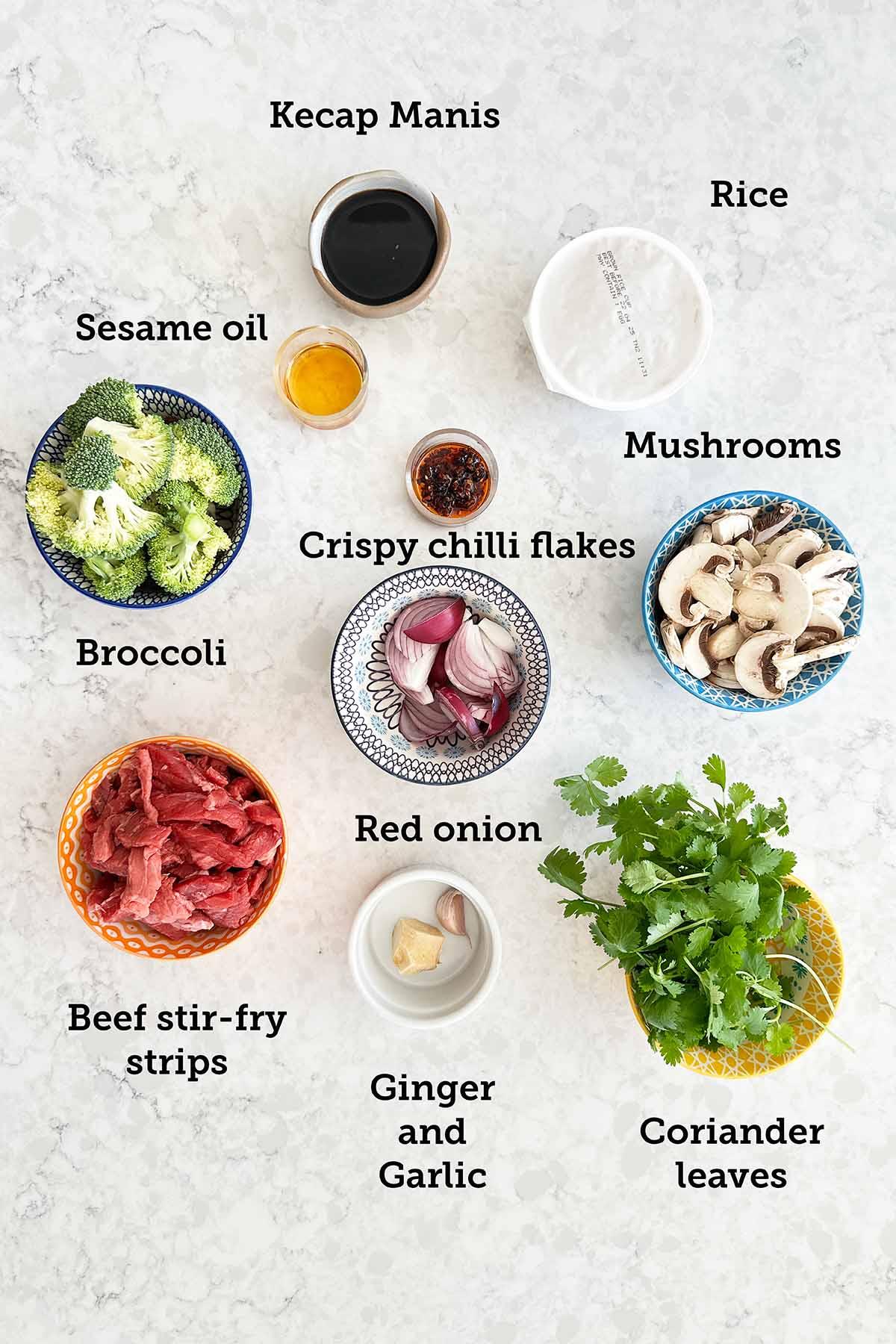 ingredients laid out for beef stir fry