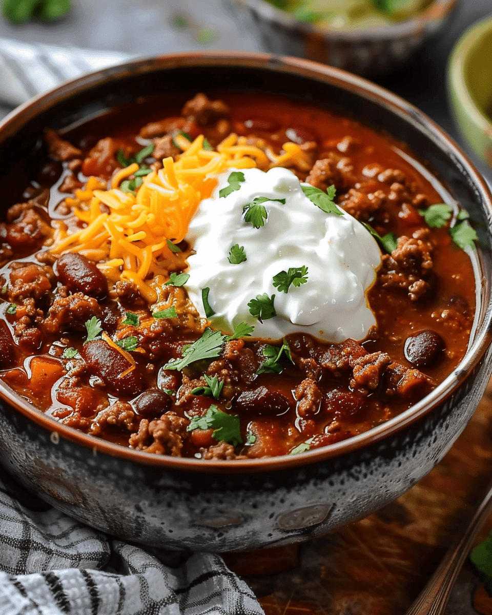 Overhead shot of a large pot of ground beef chili simmering on a stovetop, steam rising, with various spices and chopped vegetables nearby
