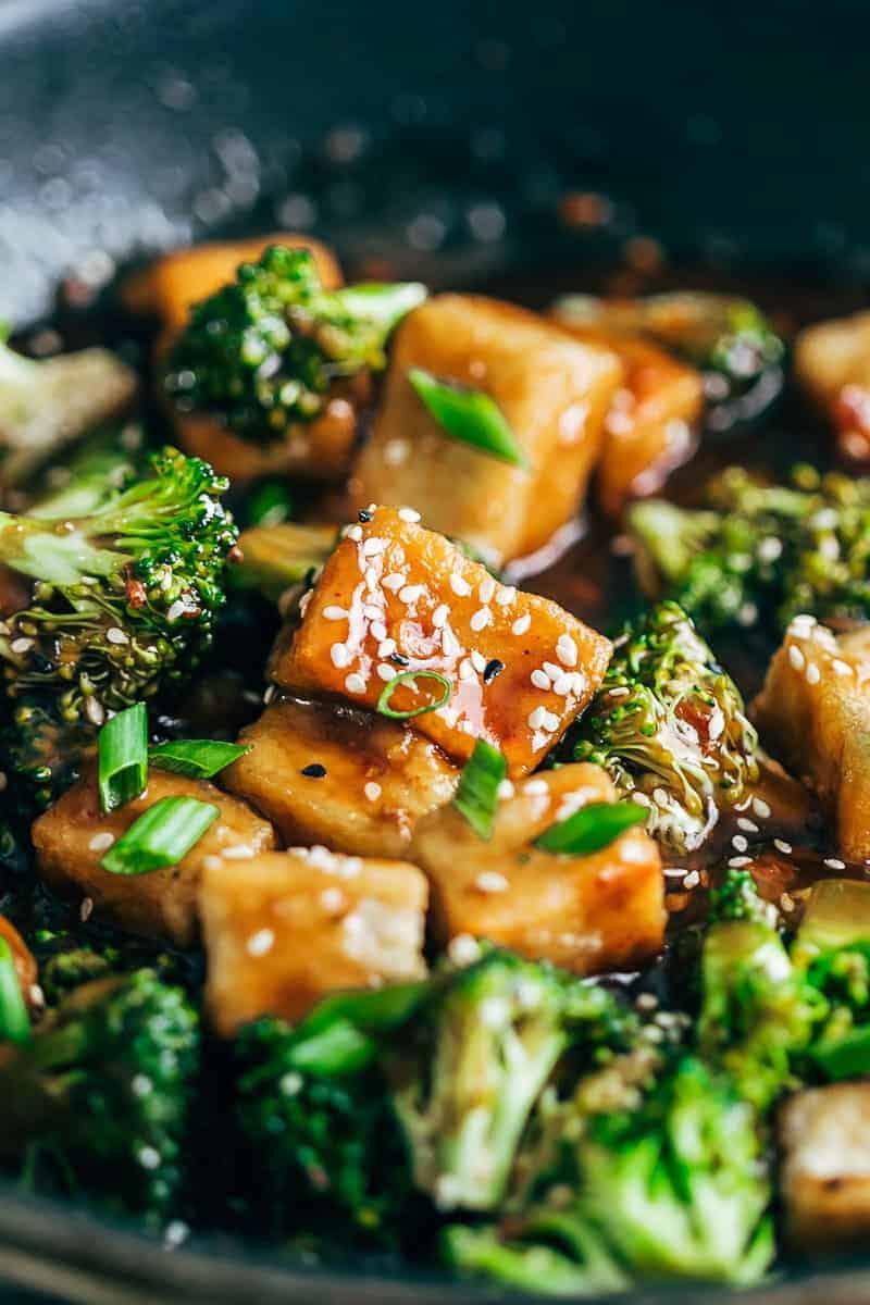 Close-up shot of crispy tofu and broccoli stir-fry