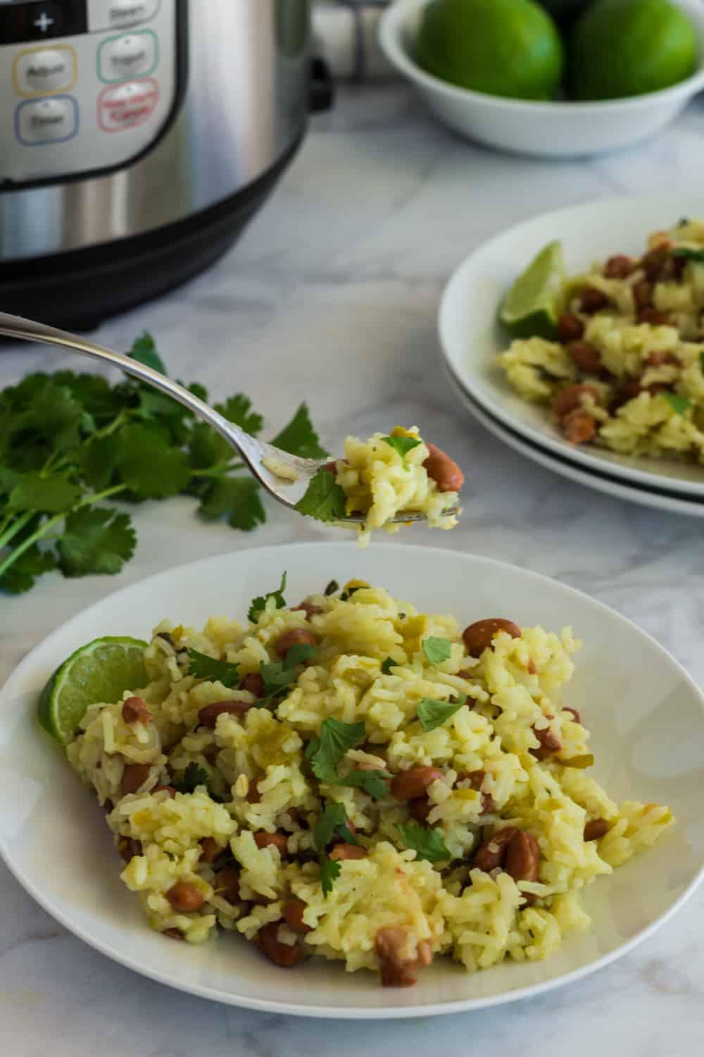 A family enjoying a meal of Instant Pot rice and green beans