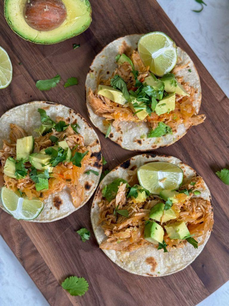 Kimchi and Honey Garlic Tacos on a wooden board
