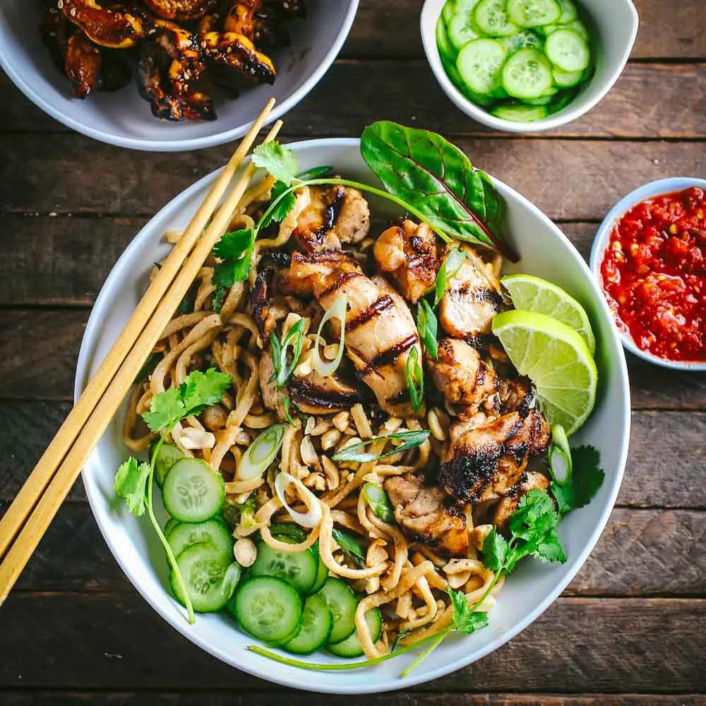Thai peanut noodle grain bowl with grilled chicken