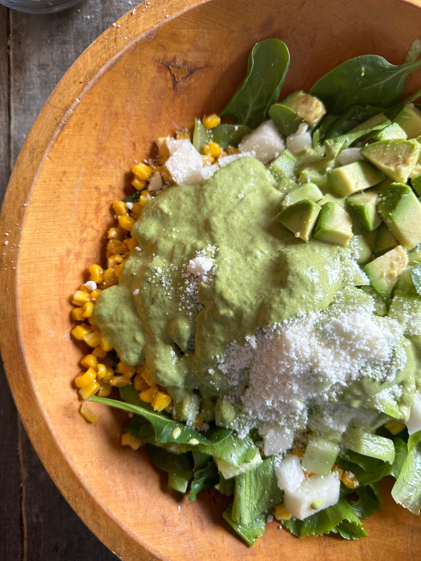 close-up shot of the green paleo bowl highlighting the different textures
