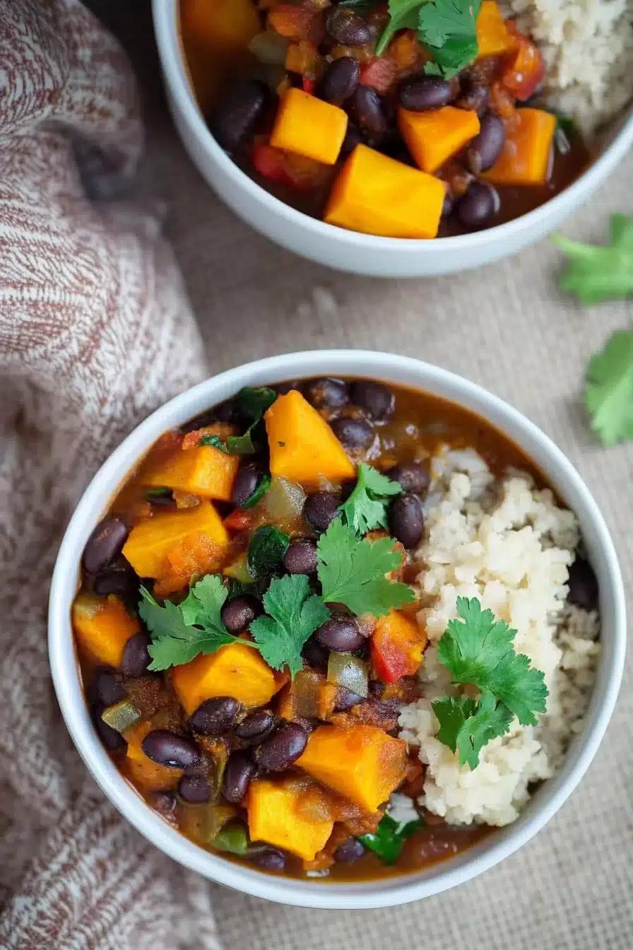 A rustic bowl of vibrant orange sweet potato and black bean soup, garnished with fresh cilantro