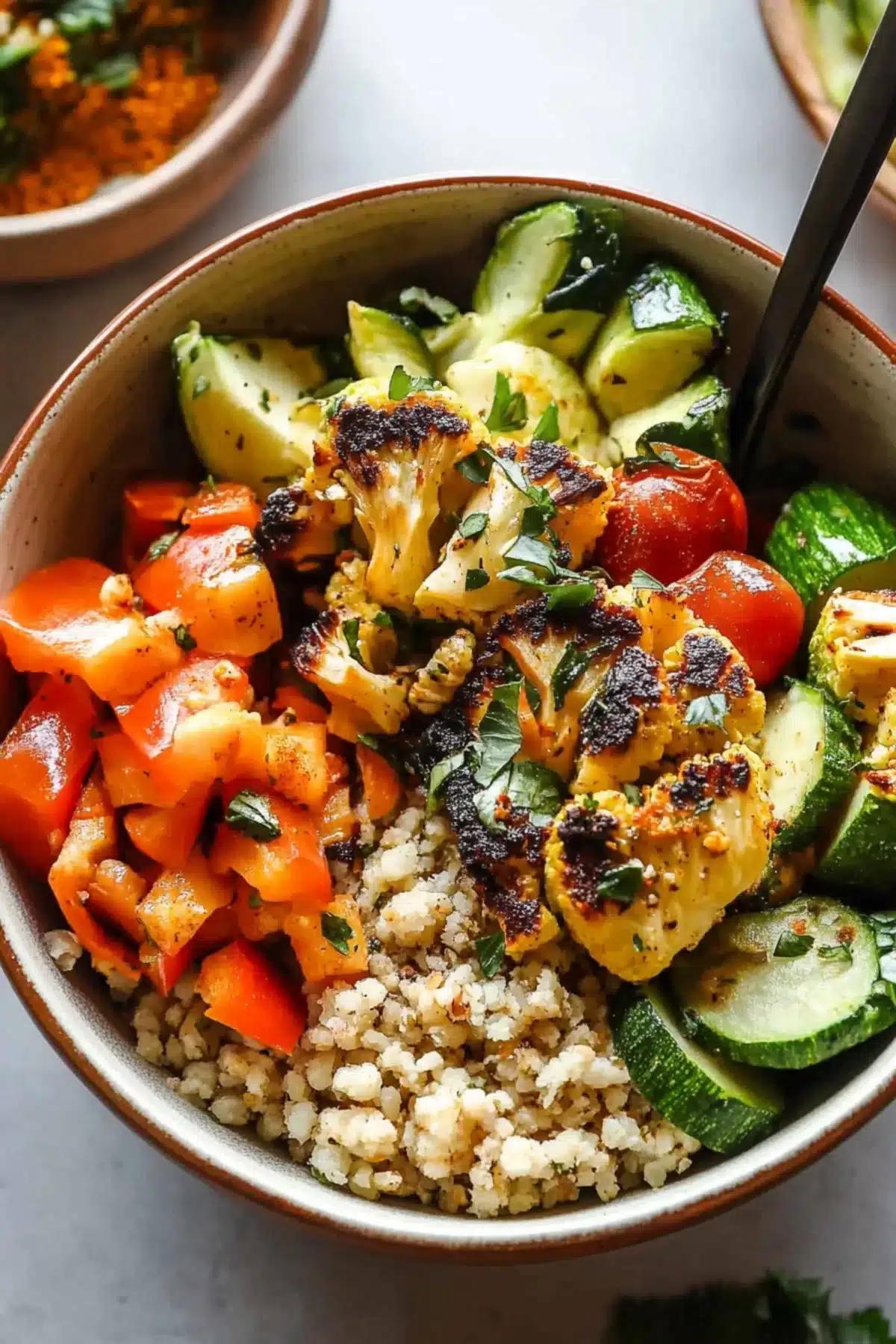 A vibrant and colorful bowl of cauliflower rice with roasted vegetables, garnished with fresh herbs.