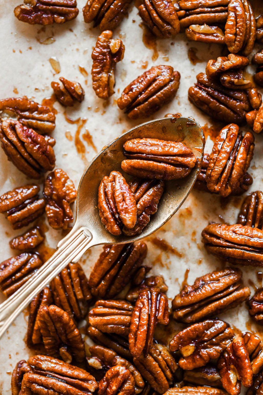 Close-up shot of maple pecans and candied pecans