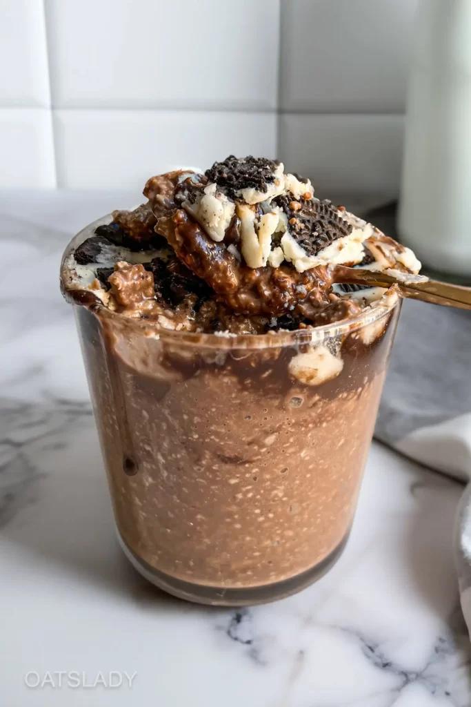 close up shot of layered cookies and cream overnight oats in a clear glass jar
