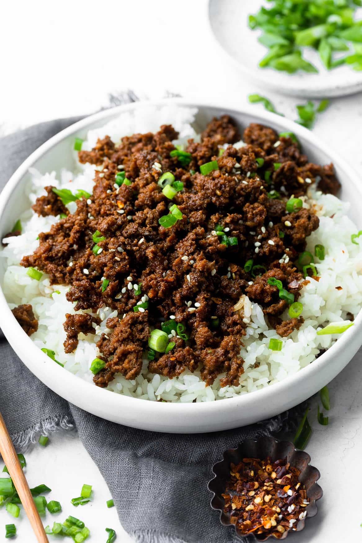 Korean-style ground beef filling in a pan