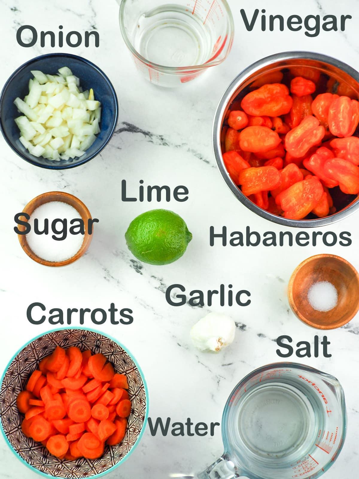 ingredients for Hydra Habanero Hot Sauce: habanero peppers, vinegar, lime juice