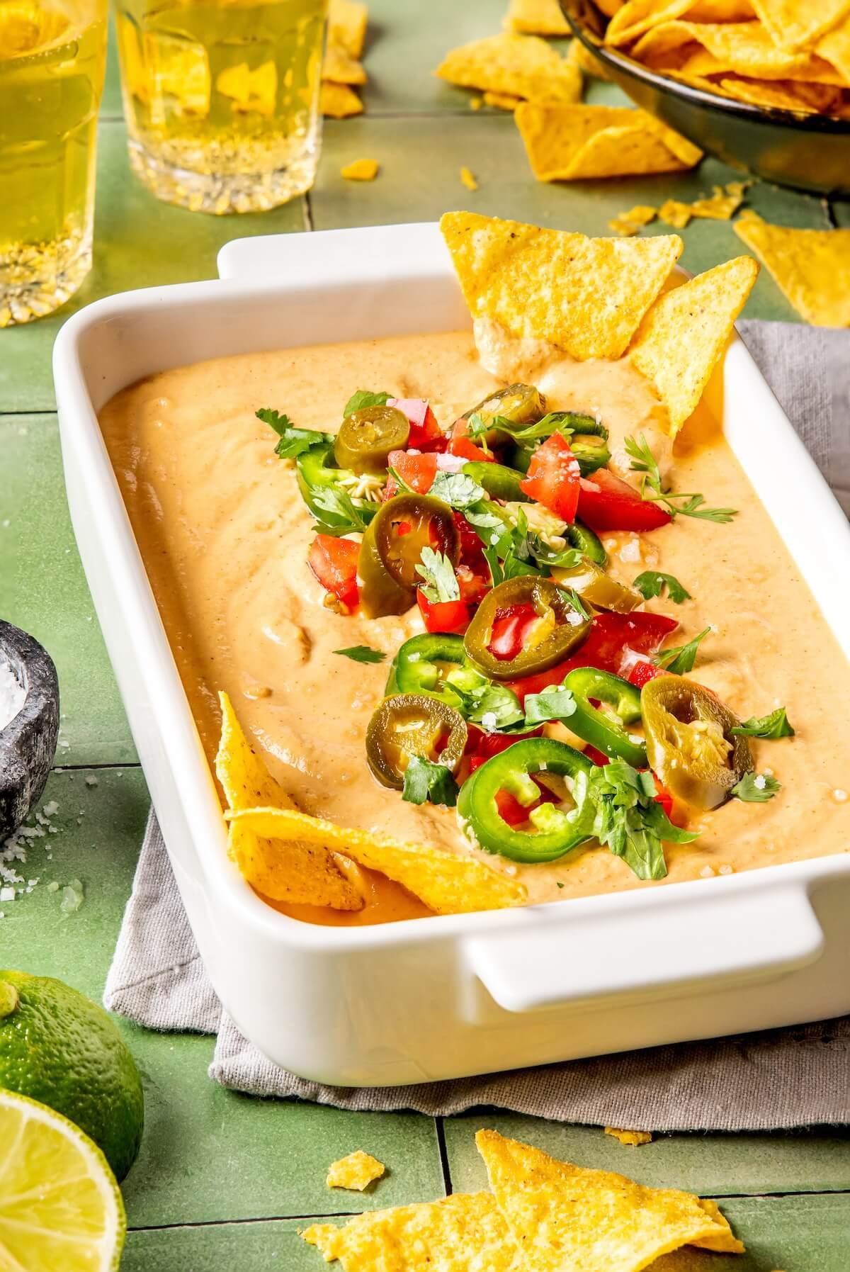 creamy cashew queso dip with tortilla chips