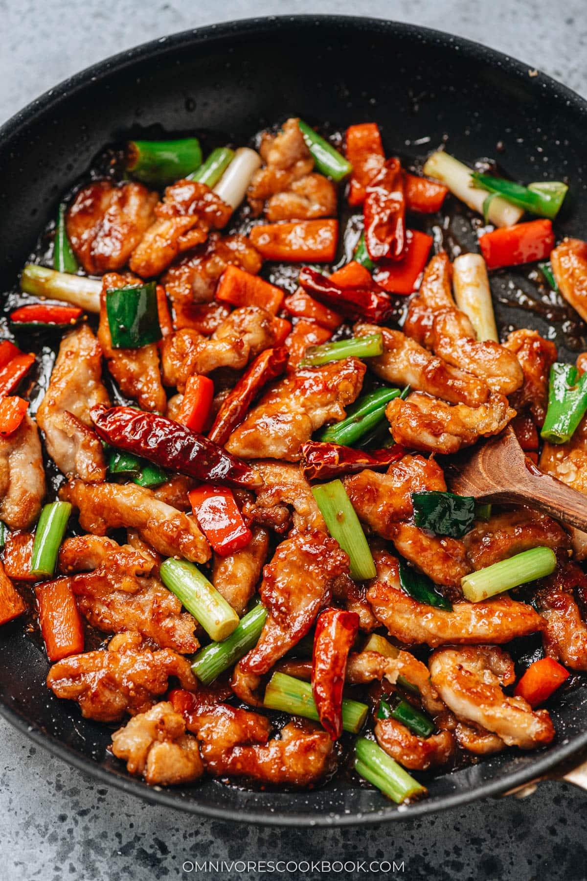Close-up of Mongolian Chicken Stir-Fry with Noodles