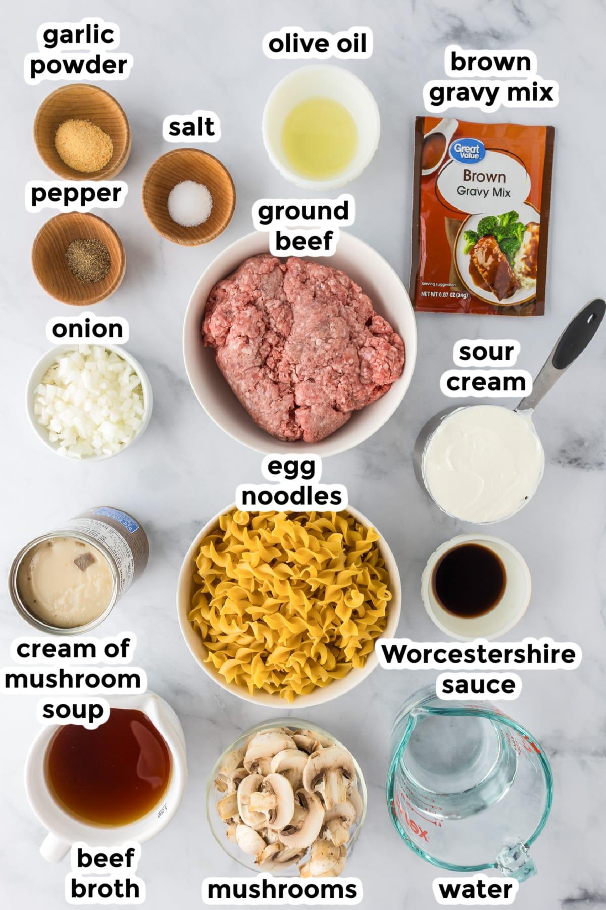 Ingredients for Köttbullar Stroganoff laid out on a kitchen counter