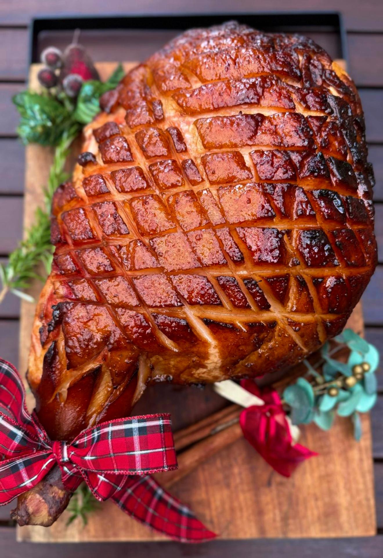 sweet paprika and maple glazed ham on a platter