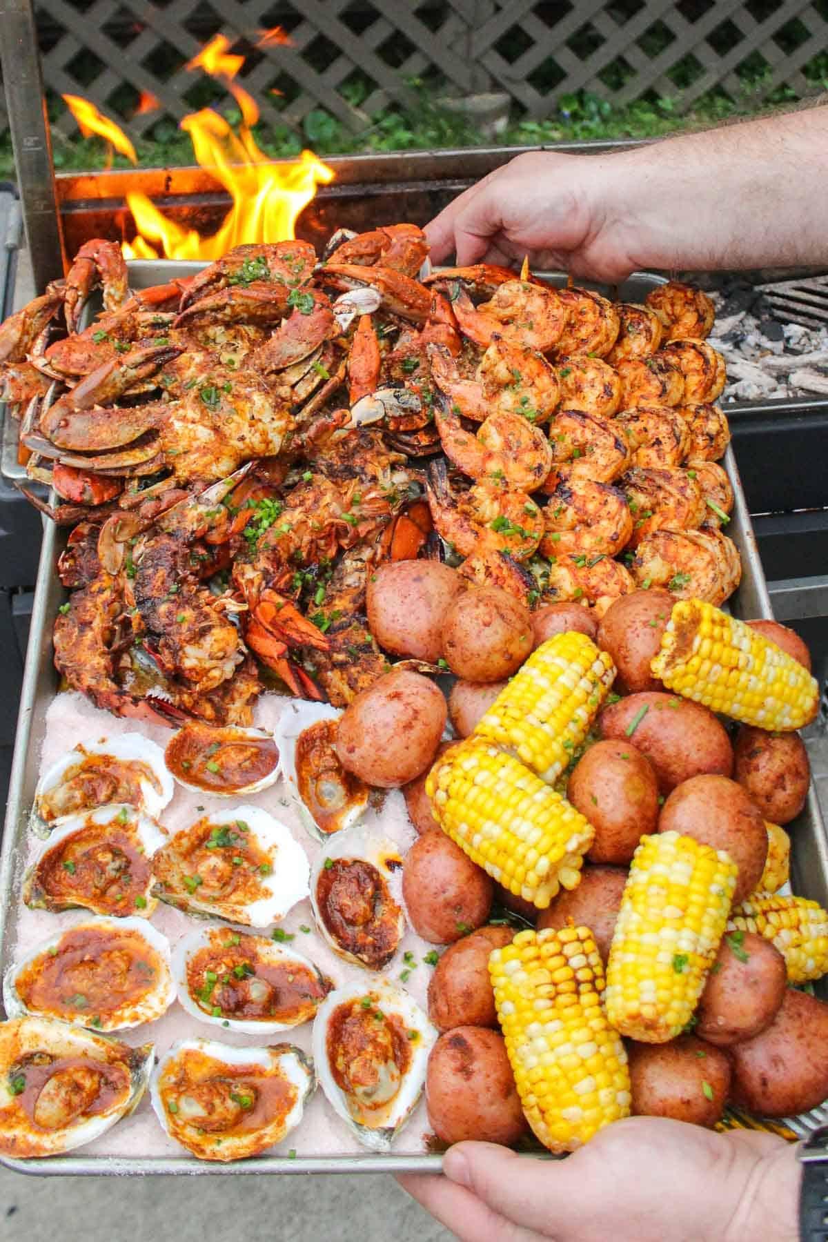 Seafood cooking on a grill