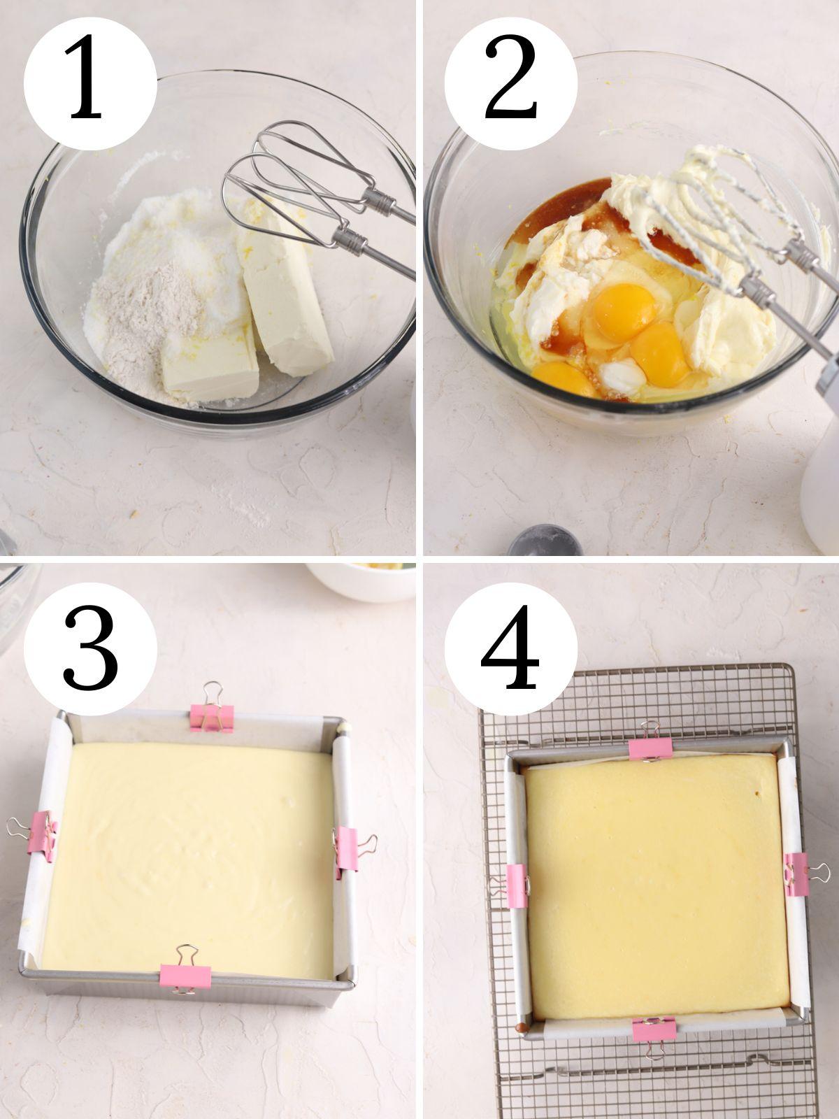 Step-by-step images showing the process of making the Lemon & Raspberry Cheesecake, from preparing the crust to baking and chilling.
