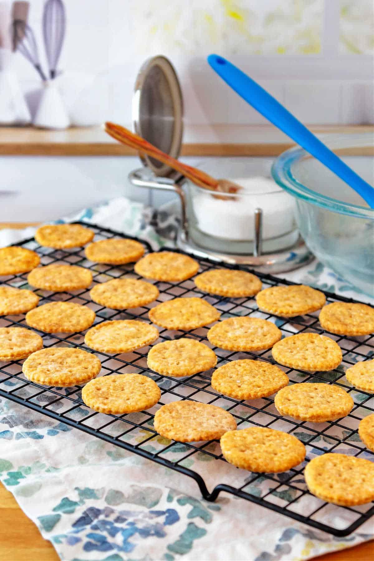 Close-up of baked savory cheese crackers cooling on a wire rack, golden and crispy