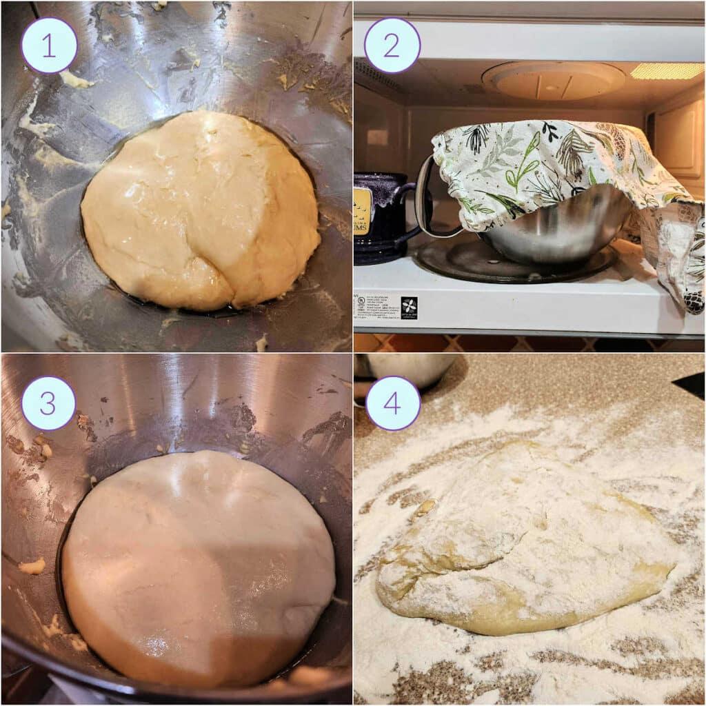 Step-by-step photo collage showing the process of making cherry pie donuts, from mixing the dough to glazing the finished donuts