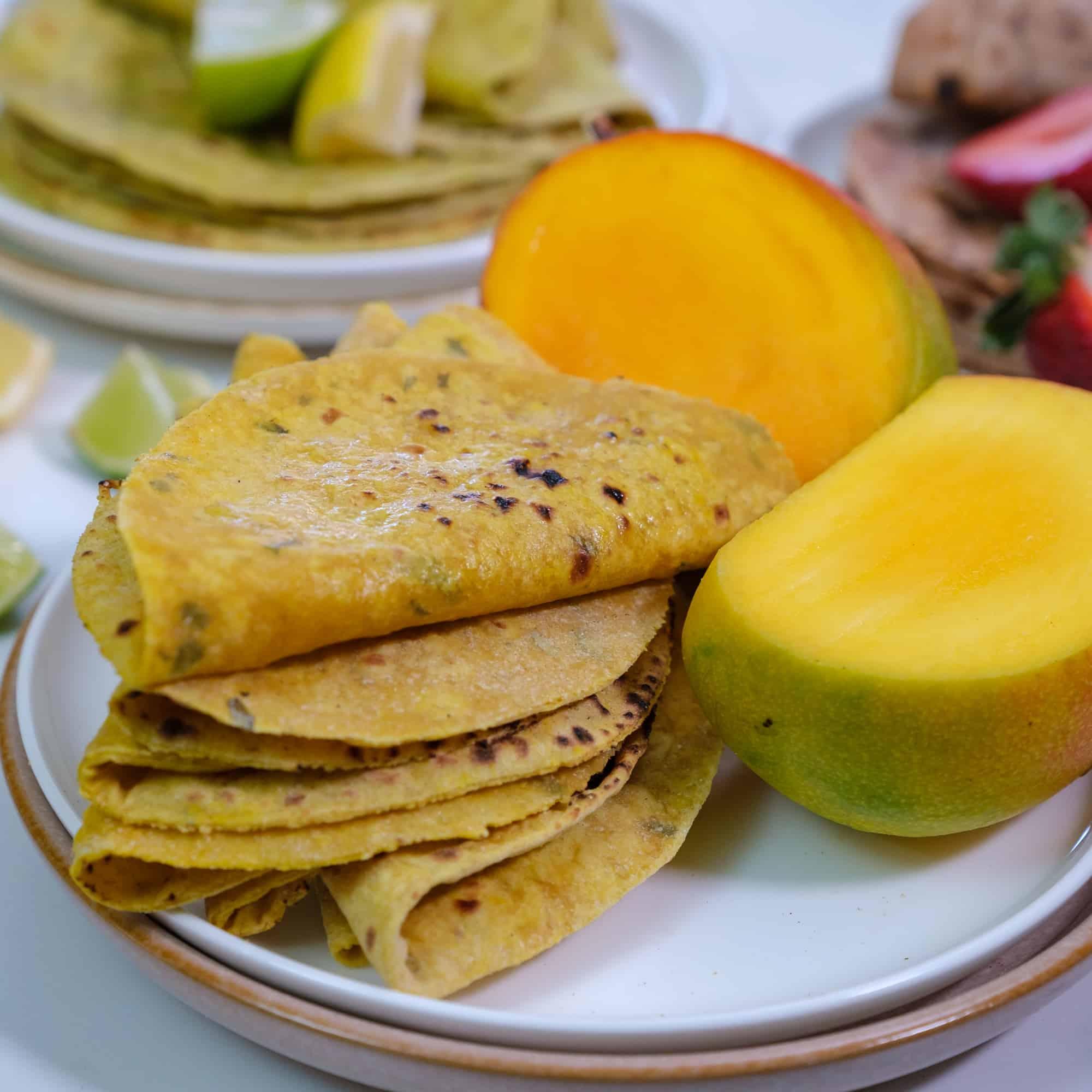 Roti with Mango Chutney served on a plate