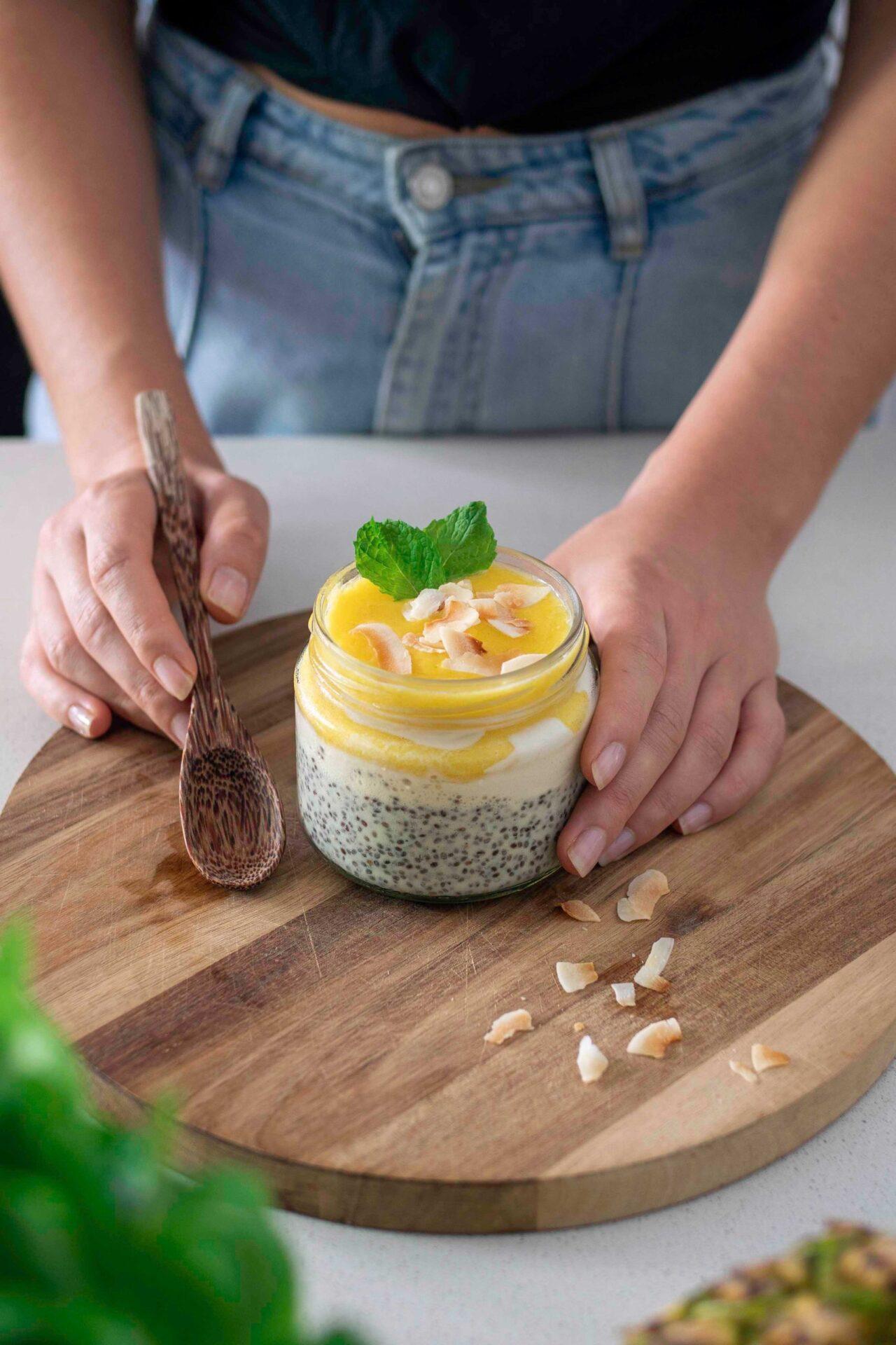 Pina Colada Chia Pudding being served