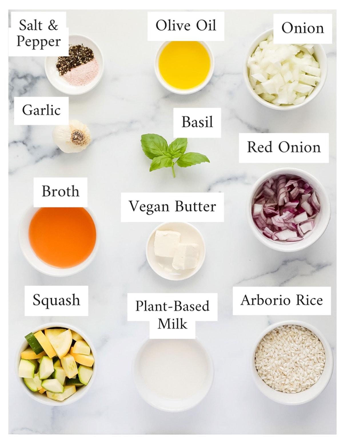 ingredients for vegan fontina risotto laid out on a wooden table