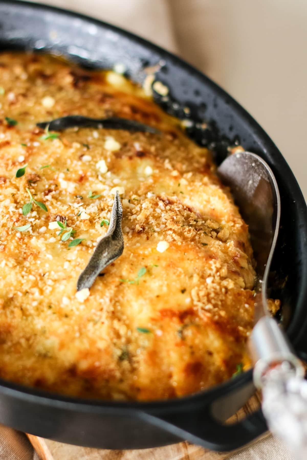 Close-up of a bubbling maple squash gratin fresh out of the oven